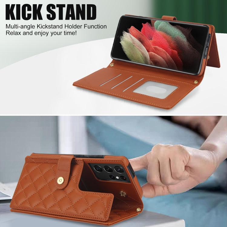 For Samsung Galaxy S21 Ultra 5G Crossbody Multifunction Rhombic Leather Phone Case
