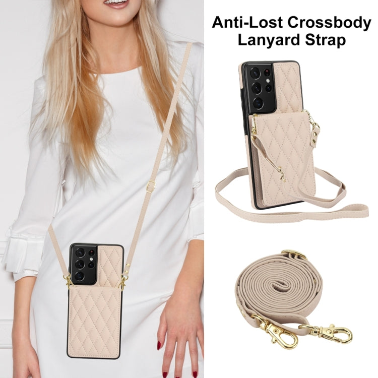 For Samsung Galaxy S21 Ultra 5G YM015 Crossbody Rhombic Card Bag RFID Phone Case