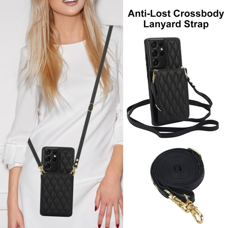 For Samsung Galaxy S21 Ultra 5G YM015 Crossbody Rhombic Card Bag RFID Phone Case