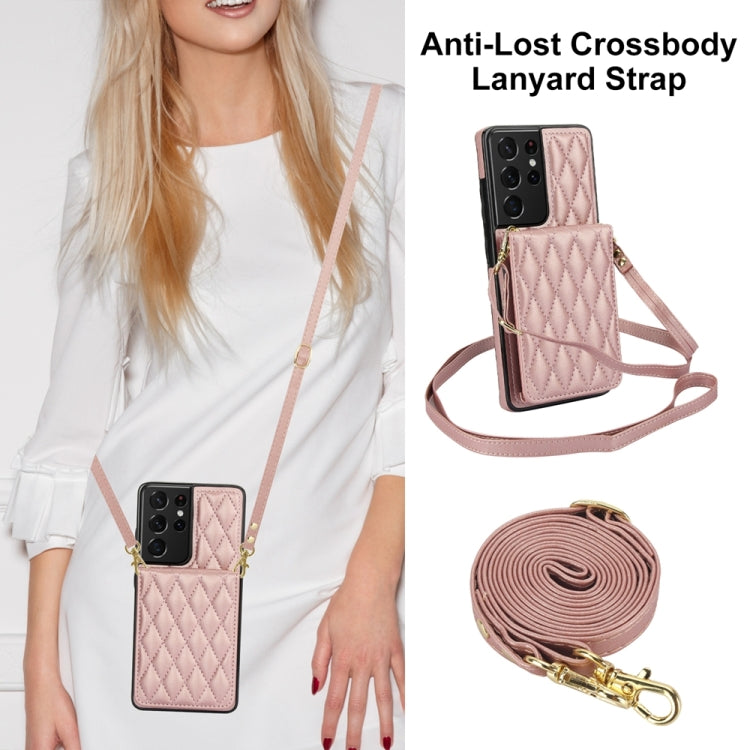 For Samsung Galaxy S21 Ultra 5G YM015 Crossbody Rhombic Card Bag RFID Phone Case