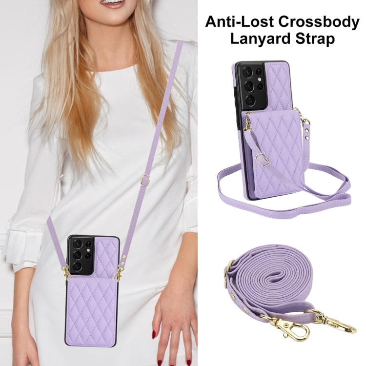 For Samsung Galaxy S21 Ultra 5G YM015 Crossbody Rhombic Card Bag RFID Phone Case