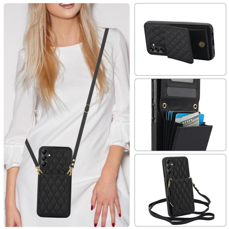For Samsung Galaxy S25 5G YM015 Crossbody Rhombic Card Bag RFID Phone Case