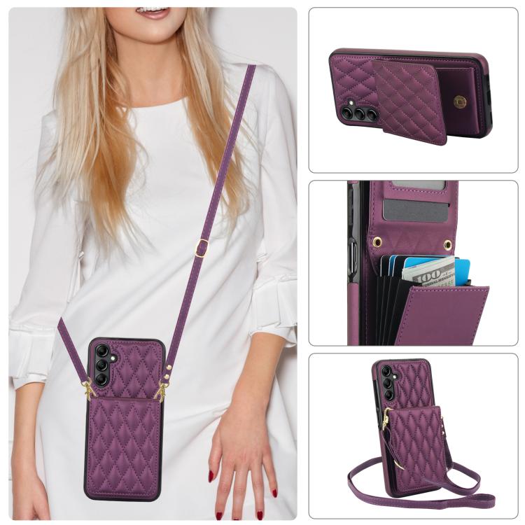 For Samsung Galaxy S25 5G YM015 Crossbody Rhombic Card Bag RFID Phone Case