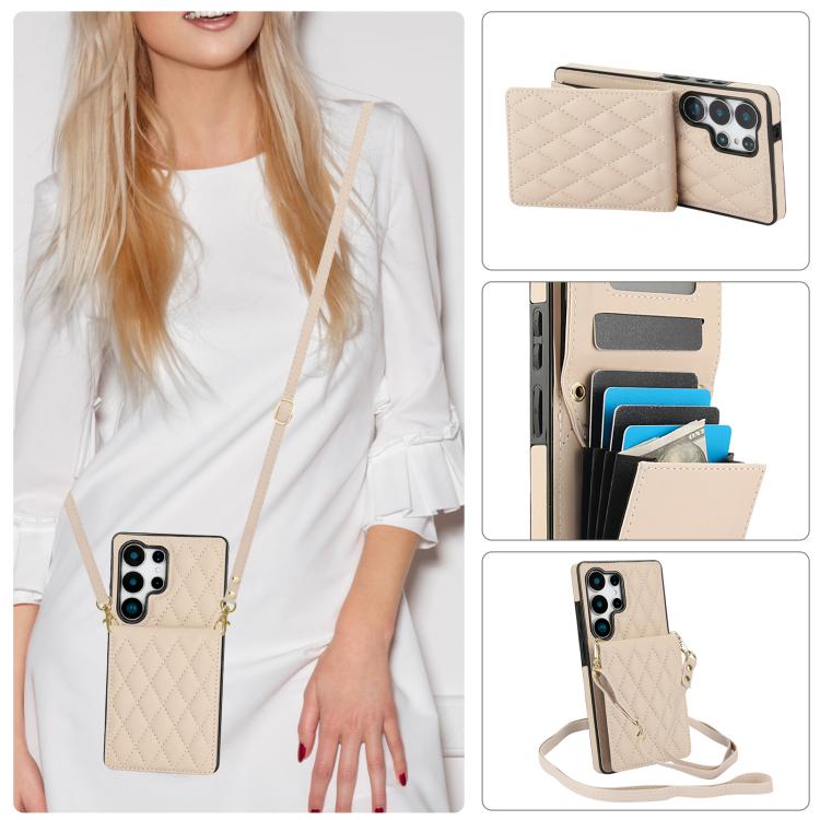 For Samsung Galaxy S25 Ultra 5G YM015 Crossbody Rhombic Card Bag RFID Phone Case