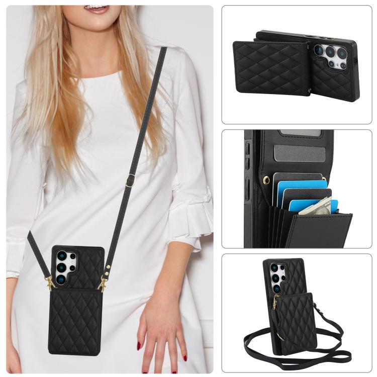 For Samsung Galaxy S25 Ultra 5G YM015 Crossbody Rhombic Card Bag RFID Phone Case