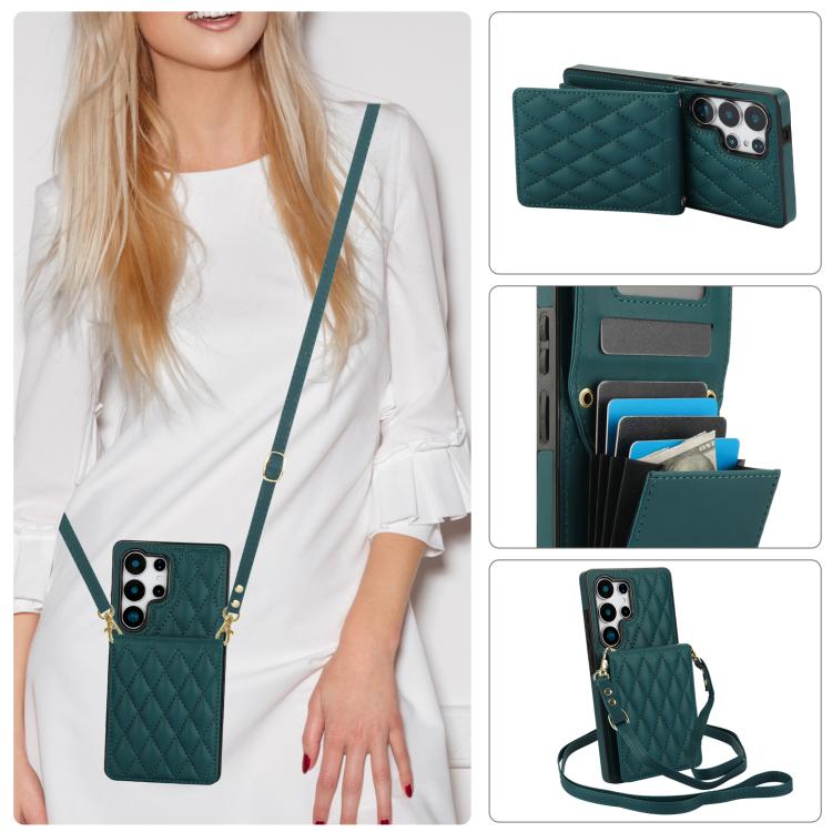For Samsung Galaxy S25 Ultra 5G YM015 Crossbody Rhombic Card Bag RFID Phone Case