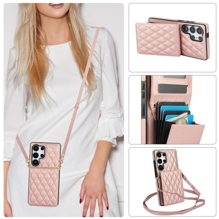 For Samsung Galaxy S25 Ultra 5G YM015 Crossbody Rhombic Card Bag RFID Phone Case