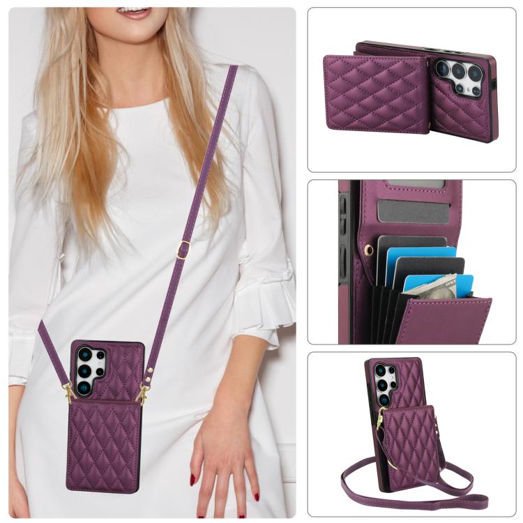 For Samsung Galaxy S25 Ultra 5G YM015 Crossbody Rhombic Card Bag RFID Phone Case