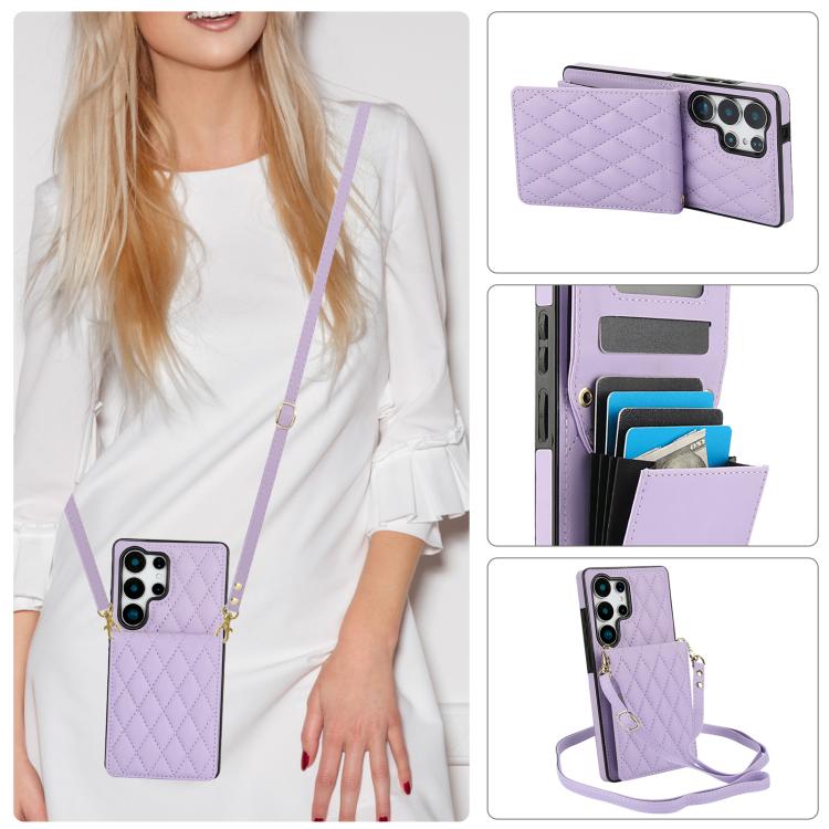 For Samsung Galaxy S25 Ultra 5G YM015 Crossbody Rhombic Card Bag RFID Phone Case