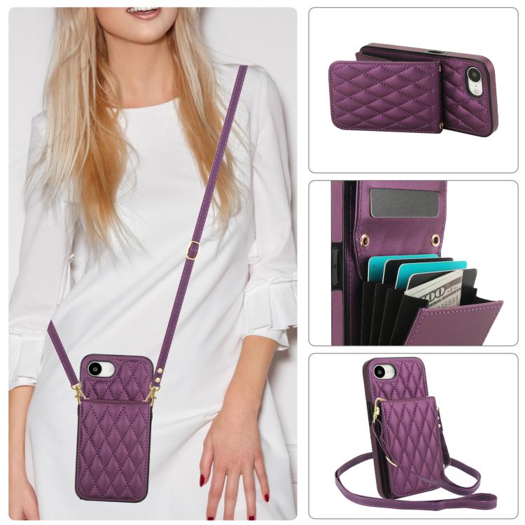 For iPhone 16e / 17e YM015 Crossbody Rhombic Card Bag RFID Phone Case