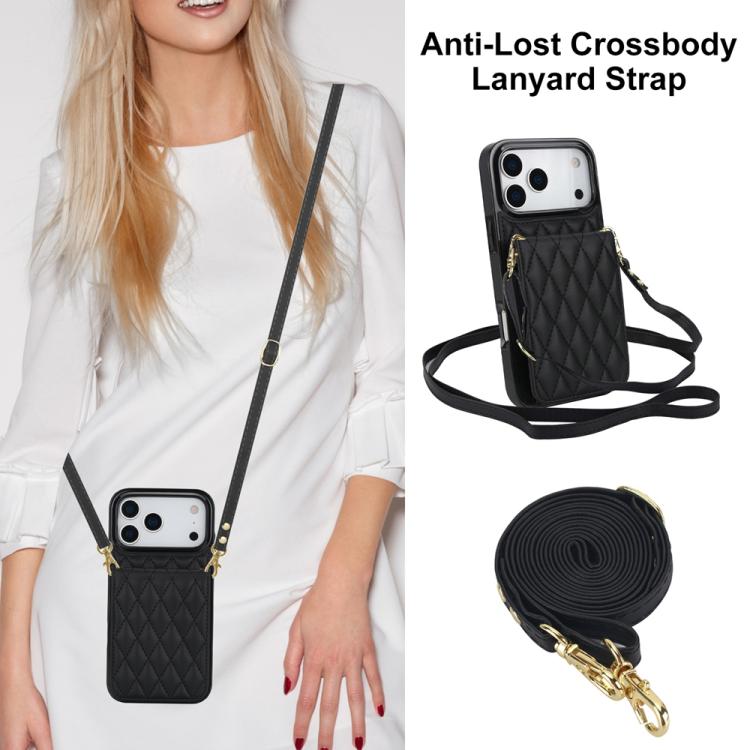 For iPhone 17 Pro Max YM015 Crossbody Rhombic Card Bag RFID Phone Case