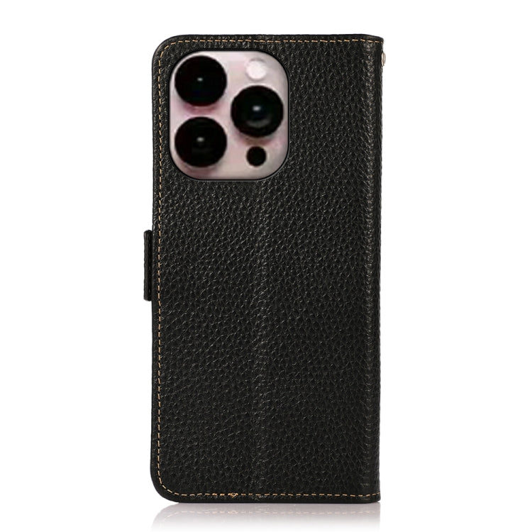 For iPhone 16 Pro KHAZNEH Side-Magnetic Litchi Genuine Leather RFID Case