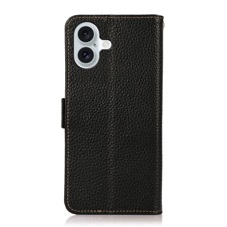 For iPhone 16 Plus KHAZNEH Side-Magnetic Litchi Genuine Leather RFID Case