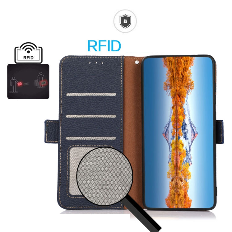 For iPhone 16e / 17e KHAZNEH Side-Magnetic Litchi Genuine Leather RFID Case