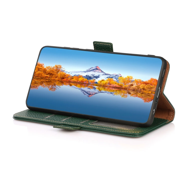 For iPhone 16e / 17e KHAZNEH Side-Magnetic Litchi Genuine Leather RFID Case