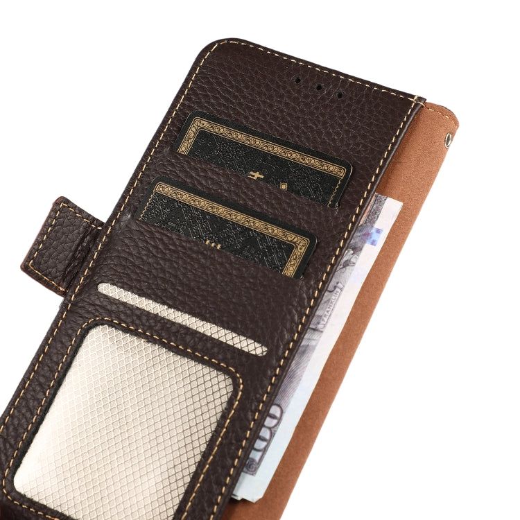 For iPhone 16e / 17e KHAZNEH Side-Magnetic Litchi Genuine Leather RFID Case