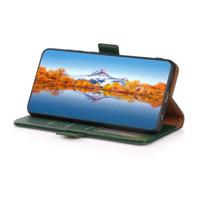 For iPhone 17 Pro KHAZNEH Side-Magnetic Litchi Genuine Leather RFID Case