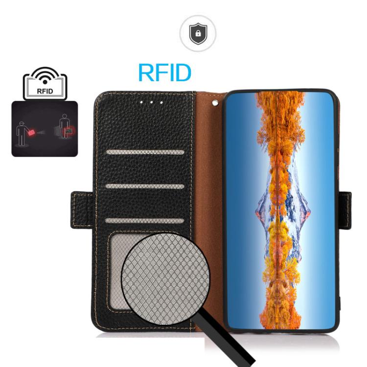 For iPhone 17 Pro Max KHAZNEH Side-Magnetic Litchi Genuine Leather RFID Case