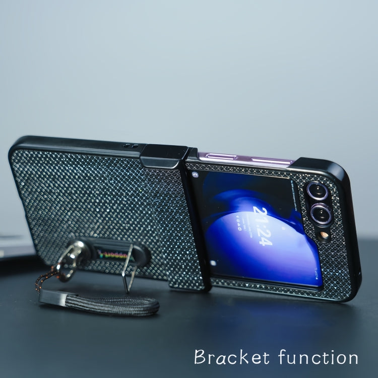 For Samsung Galaxy Z Flip5 Three Parts Flash Diamond Fold PC Phone Case with Lanyard