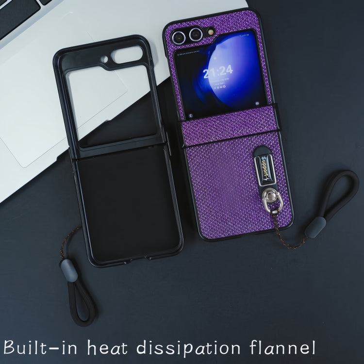 For Samsung Galaxy Z Flip5 Three Parts Flash Diamond Fold PC Phone Case with Lanyard