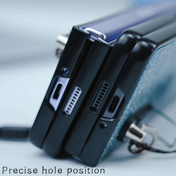 For Samsung Galaxy Z Fold5 Three Parts Flash Diamond Fold PC Phone Case with Lanyard