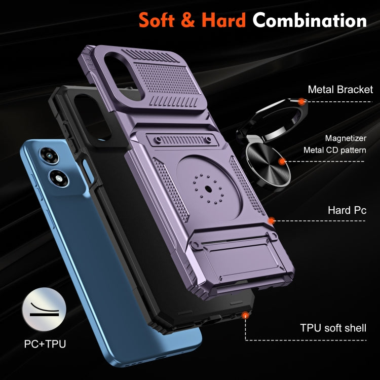 For Motorola Moto G Play 4G 2024 TPU+PC Shockproof Card Slot Phone Case with Metal Ring Holder
