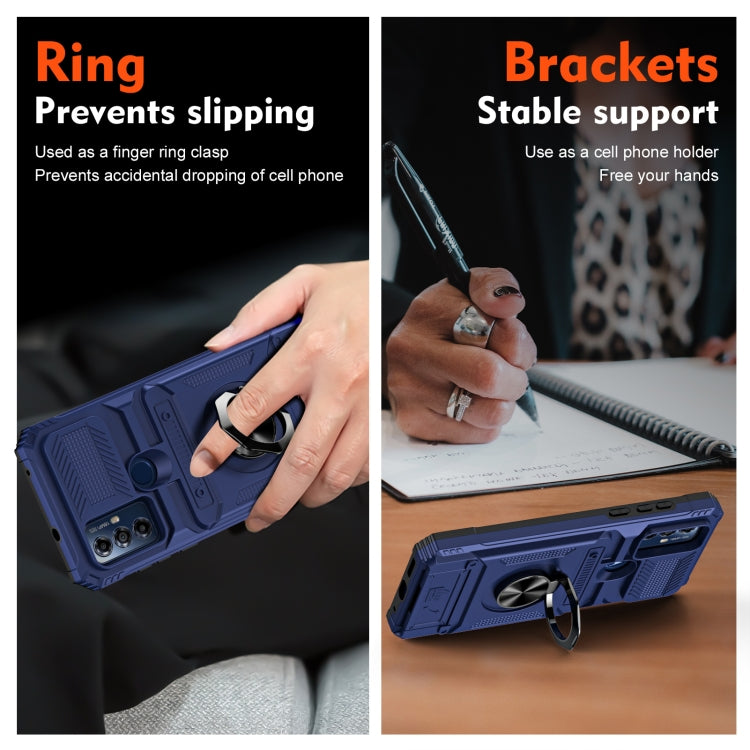 For Motorola G Pure TPU+PC Shockproof Card Slot Phone Case with Metal Ring Holder