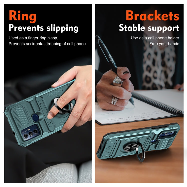 For Motorola G Pure TPU+PC Shockproof Card Slot Phone Case with Metal Ring Holder