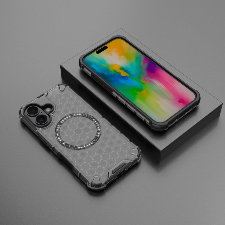 For iPhone 16 Honeycomb Magnetic Ring Shockproof Phone Case