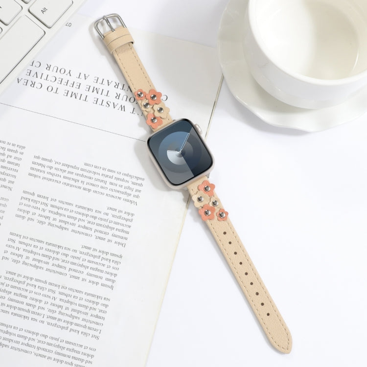 For Apple Watch SE 2022 40mm Stitched Flower Leather Watch Band