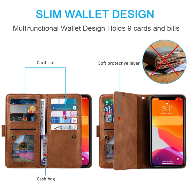 For Motorola Moto E14 Nine Card Zipper Bag Leather Phone Case with Lanyard