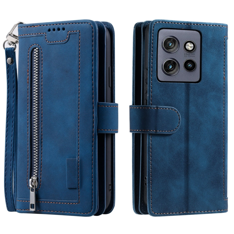 For Motorola Edge 50 Neo Nine Card Zipper Bag Leather Phone Case with Lanyard