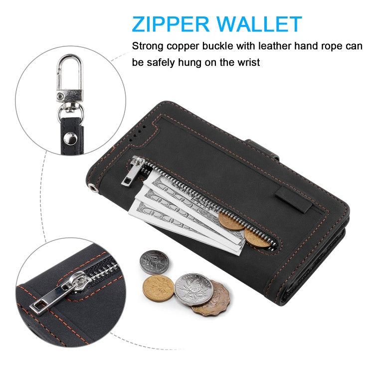 For Honor 200 Lite Global Nine Card Zipper Bag Leather Phone Case with Lanyard