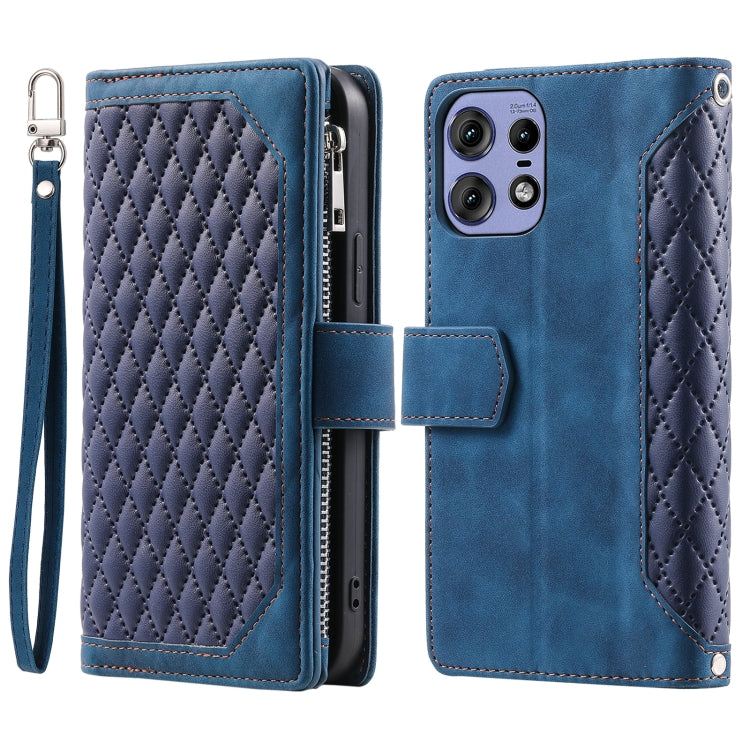 For Motorola Edge 50 Pro Grid Texture Zipper Leather Phone Case with Lanyard