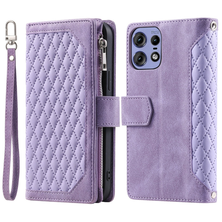 For Motorola Edge 50 Pro Grid Texture Zipper Leather Phone Case with Lanyard