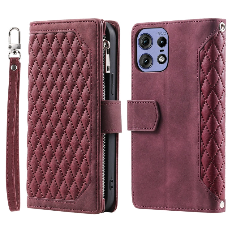 For Motorola Edge 50 Pro Grid Texture Zipper Leather Phone Case with Lanyard
