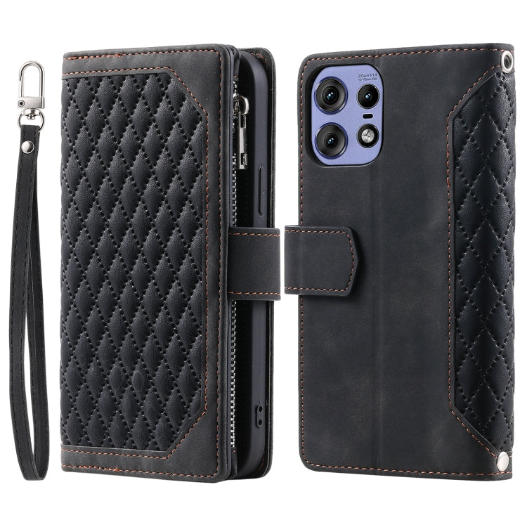 For Motorola Edge 50 Pro Grid Texture Zipper Leather Phone Case with Lanyard