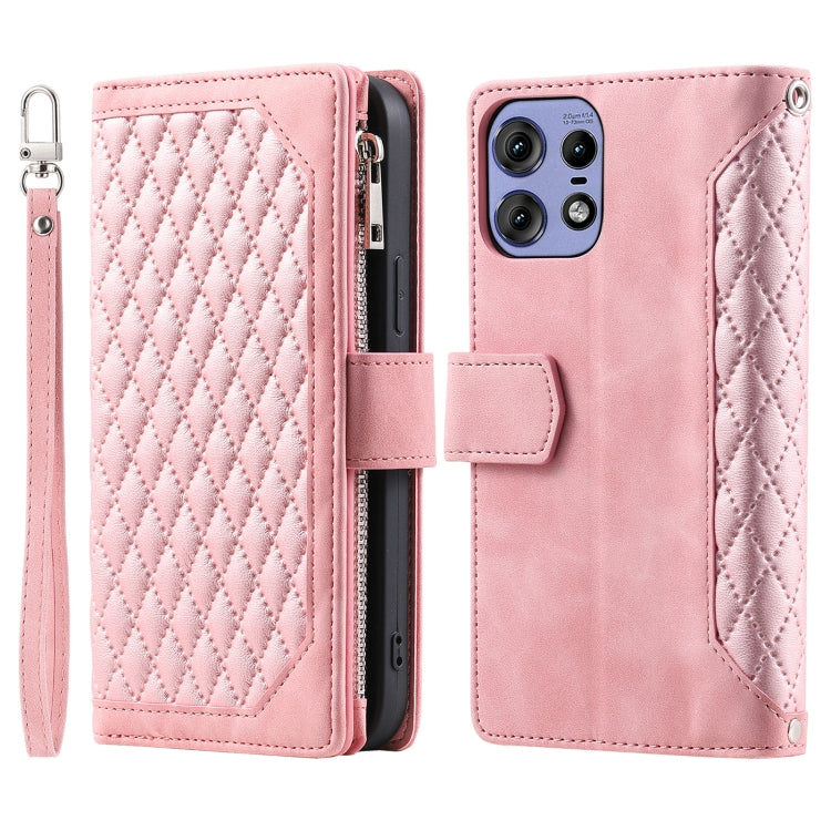 For Motorola Edge 50 Pro Grid Texture Zipper Leather Phone Case with Lanyard