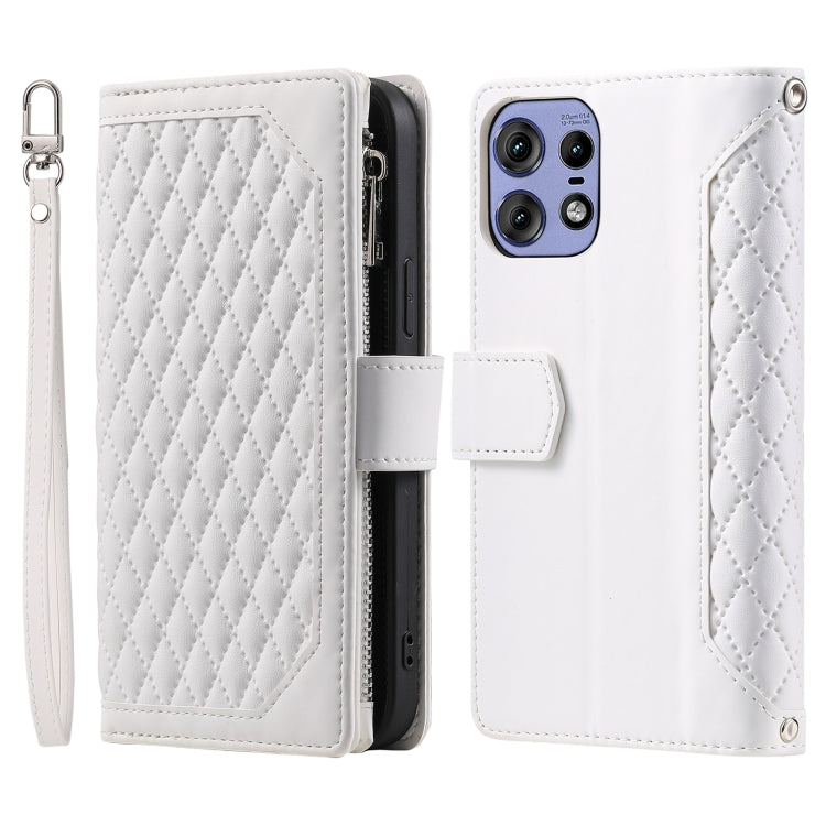 For Motorola Edge 50 Pro Grid Texture Zipper Leather Phone Case with Lanyard