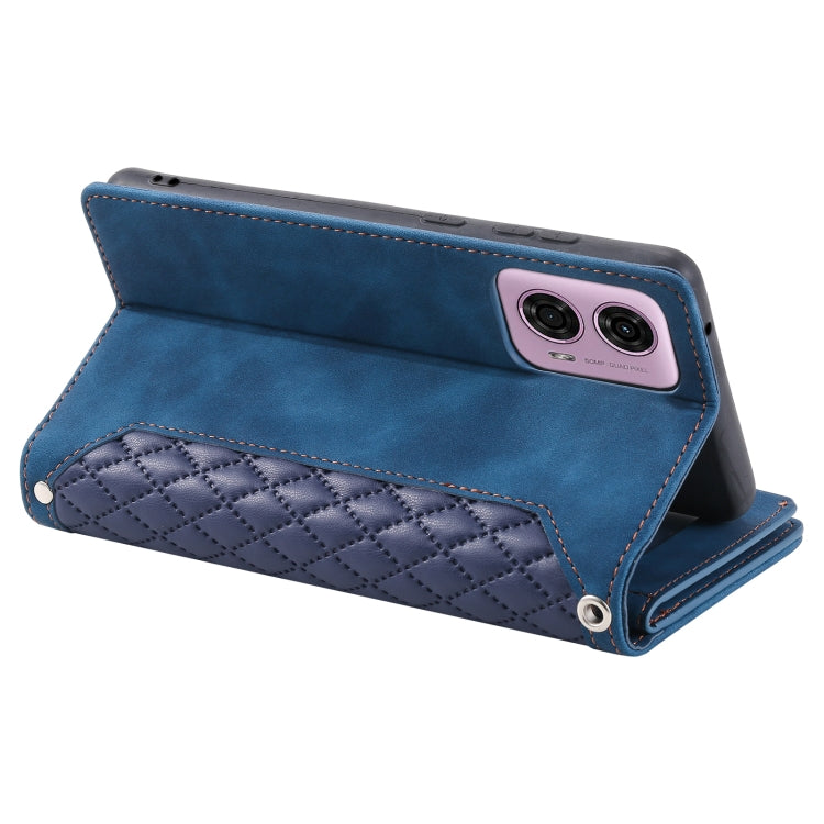 For Motorola Moto E14 Grid Texture Zipper Leather Phone Case with Lanyard