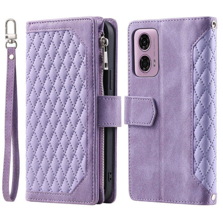 For Motorola Moto E14 Grid Texture Zipper Leather Phone Case with Lanyard