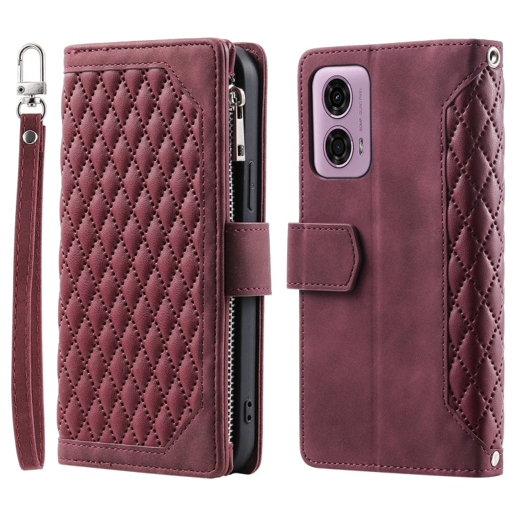 For Motorola Moto E14 Grid Texture Zipper Leather Phone Case with Lanyard