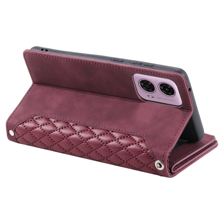 For Motorola Moto E14 Grid Texture Zipper Leather Phone Case with Lanyard