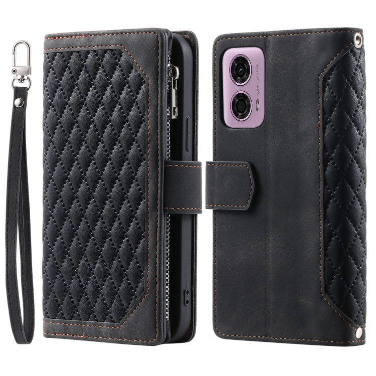 For Motorola Moto E14 Grid Texture Zipper Leather Phone Case with Lanyard