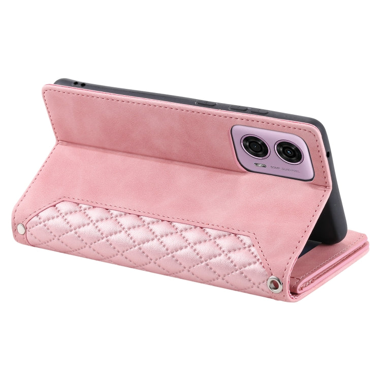 For Motorola Moto E14 Grid Texture Zipper Leather Phone Case with Lanyard