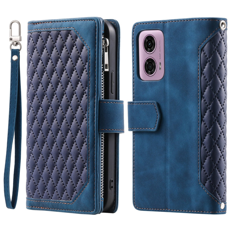 For Motorola Moto G85 Grid Texture Zipper Leather Phone Case with Lanyard