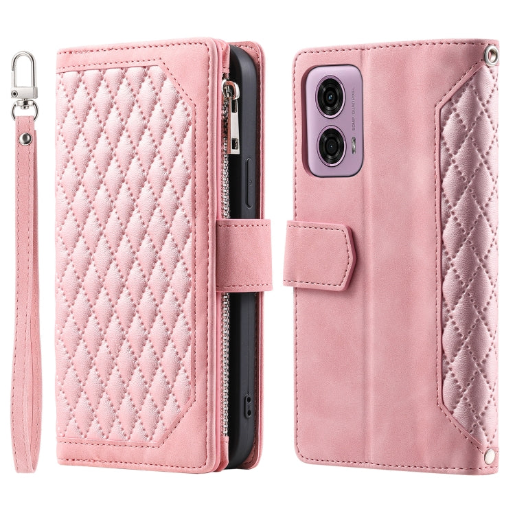 For Motorola Moto G85 Grid Texture Zipper Leather Phone Case with Lanyard