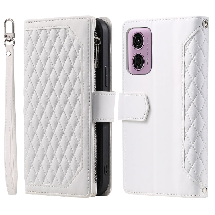 For Motorola Moto G85 Grid Texture Zipper Leather Phone Case with Lanyard
