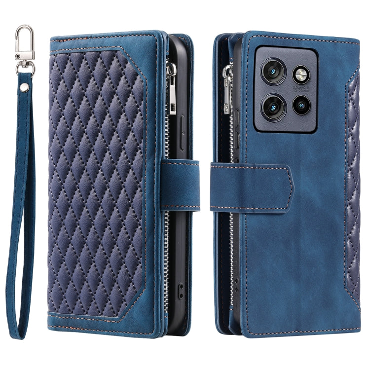 For Motorola Edge 50 Neo Grid Texture Zipper Leather Phone Case with Lanyard