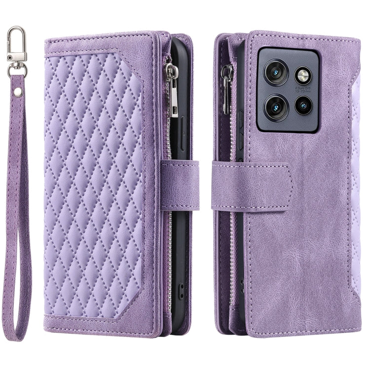 For Motorola Edge 50 Neo Grid Texture Zipper Leather Phone Case with Lanyard